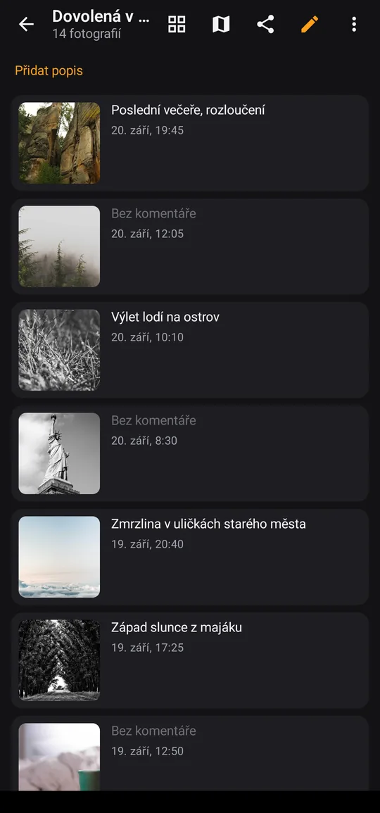Fotky jedné epizody v seznamu, každá s vlastním komentářem