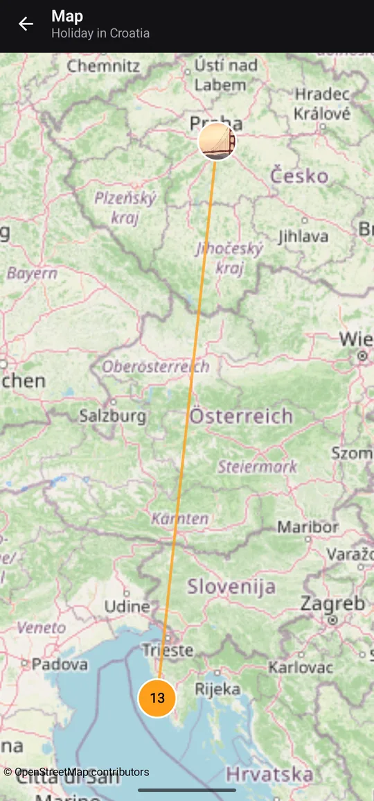 Snapisodes map of an episode with the route of the trip and the number of photos