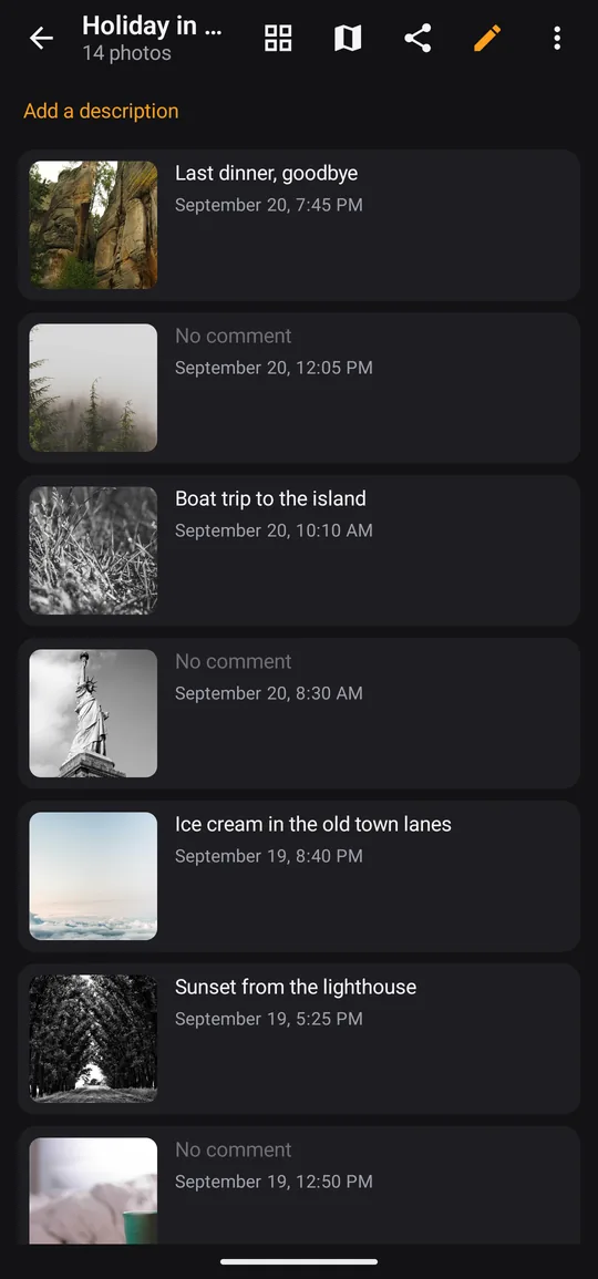 Photos of one episode in a list, each with its own comment