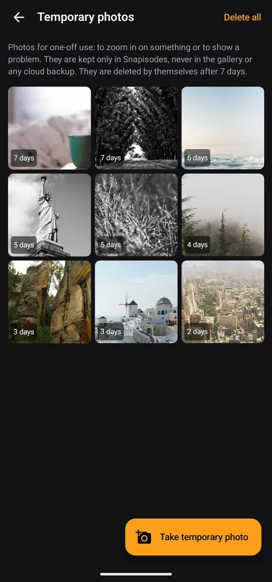 Temporary photos screen: a grid of photos with the days left before they delete themselves