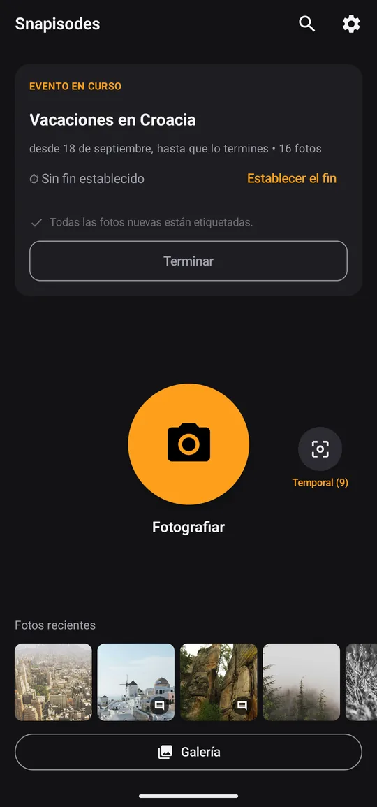 Pantalla de inicio de Snapisodes con un episodio en curso