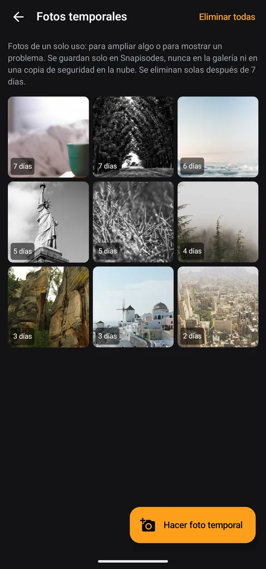 Pantalla de fotos temporales: cuadrícula de fotos con los días que faltan para su borrado automático