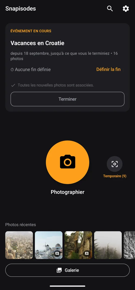 Écran d’accueil de Snapisodes avec un épisode en cours