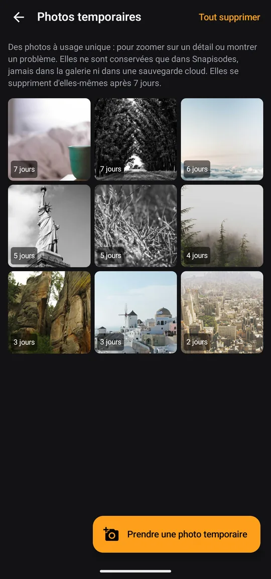 Écran des photos temporaires : grille de photos avec le nombre de jours avant la suppression automatique