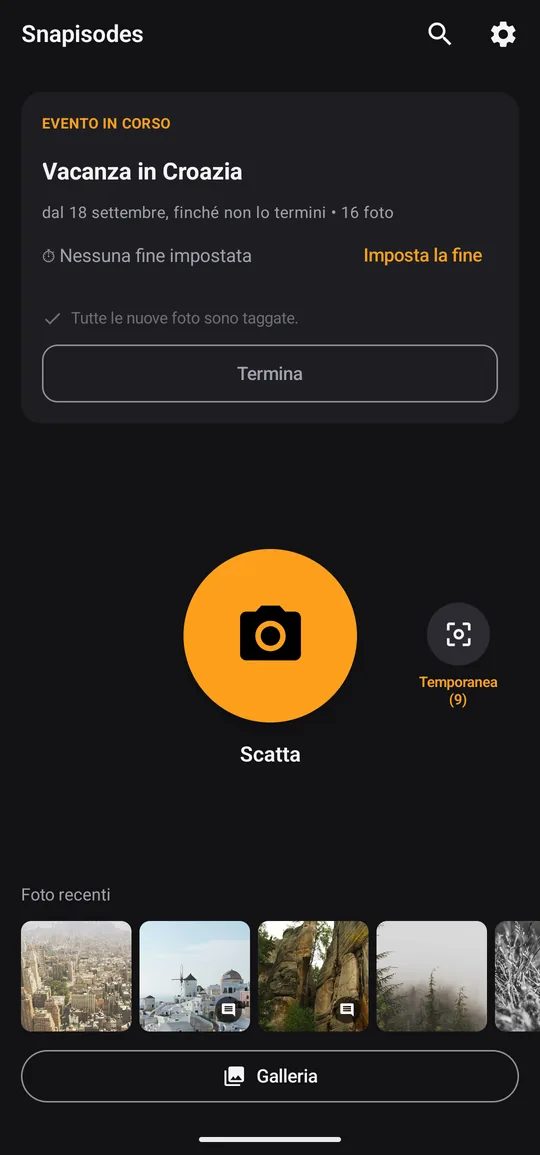 Schermata home di Snapisodes con un episodio in corso