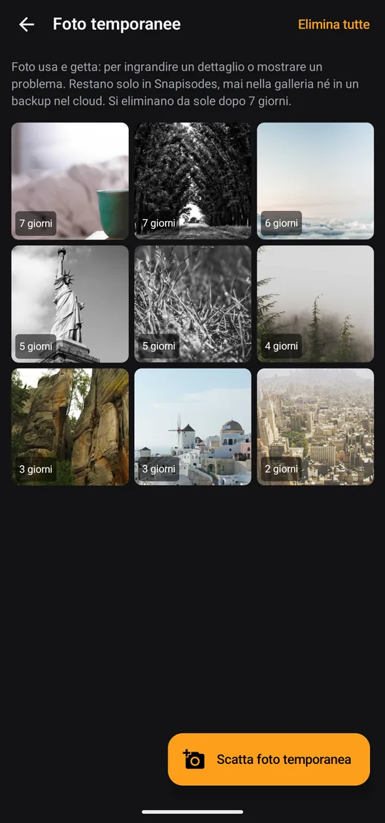 Schermata delle foto temporanee: griglia di foto con i giorni mancanti all’eliminazione automatica