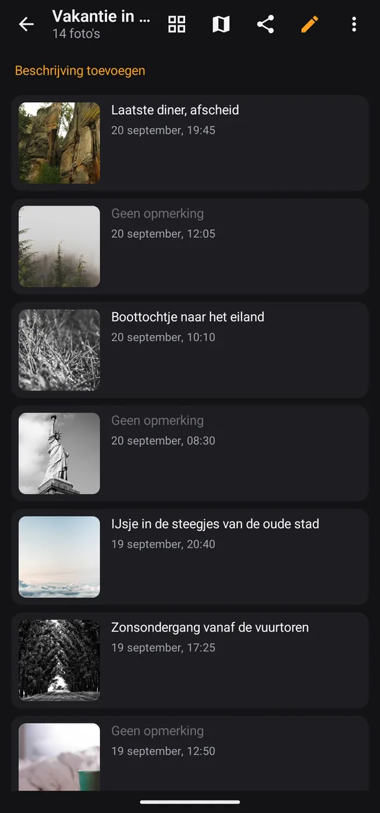 De foto’s van één episode in een lijst, elk met een eigen opmerking