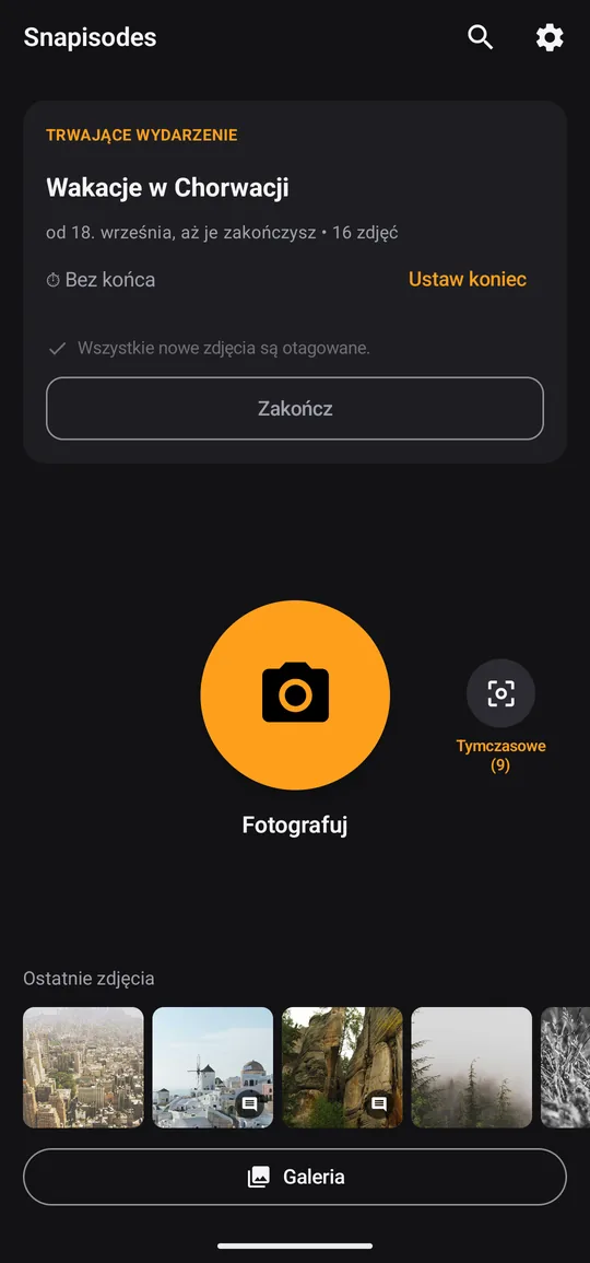 Ekran główny Snapisodes z trwającym epizodem