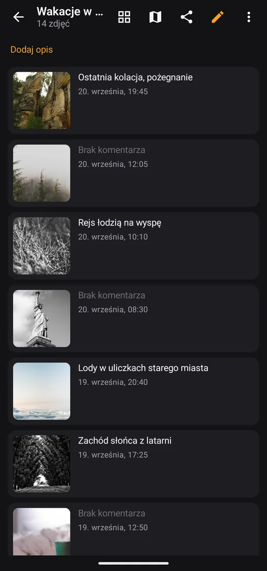 Zdjęcia jednego epizodu na liście, każde z własnym komentarzem