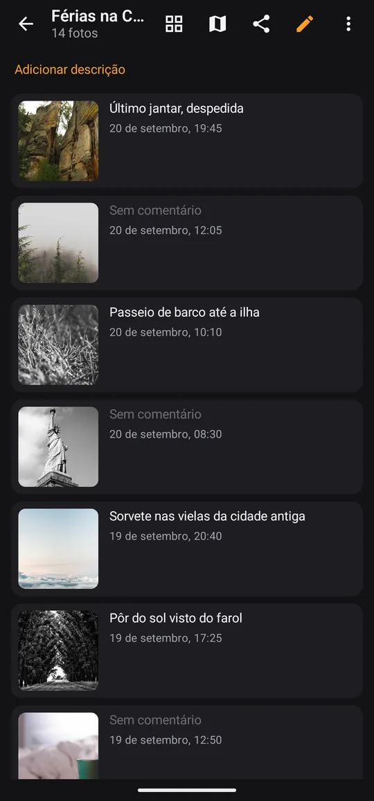 Fotos de um episódio em lista, cada uma com seu comentário