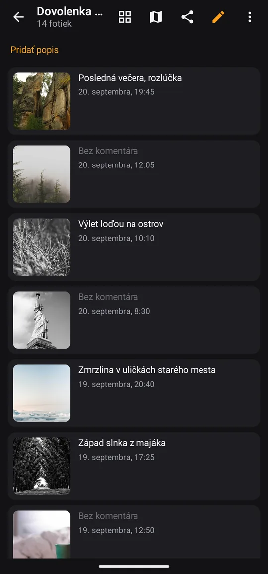 Fotky jednej epizódy v zozname, každá s vlastným komentárom